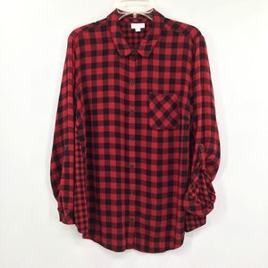 J. Jill womens red buffalo check button down top Plus Size 1X roll tab sleeve